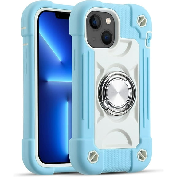 Compatible with iPhone 13 Mini/iPhone 12 Mini Case 5.4 Inch with Built-in 360°Rotating Ring Stand, Military Grade Drop Protection Full Body Rugged Heavy Duty Protective Cover. (Ice Blue)