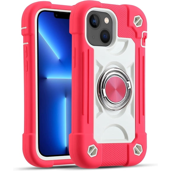 Compatible with iPhone 13 Mini/iPhone 12 Mini Case 5.4 Inch with Built-in 360°Rotating Ring Stand, Military Grade Drop Protection Full Body Rugged Heavy Duty Protective Cover. (Hot Pink)