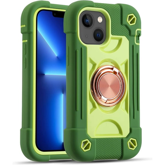 Compatible with iPhone 13 Mini/iPhone 12 Mini Case 5.4 Inch with Built-in 360°Rotating Ring Stand, Military Grade Drop Protection Full Body Rugged Heavy Duty Protective Cover. (Avocado)