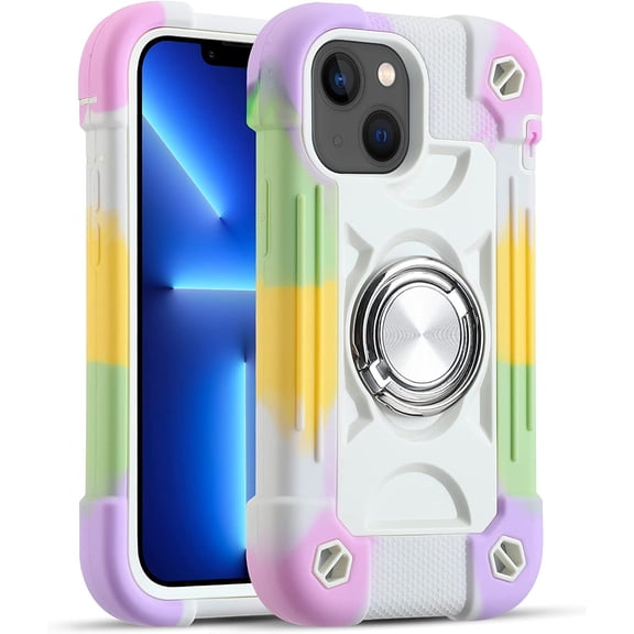 Compatible with iPhone 13 Mini/iPhone 12 Mini Case 5.4 Inch with Built-in Ring Stand, Military Grade Drop Protection Full Body Rugged Heavy Duty Protective Cover. (Rainbow White)