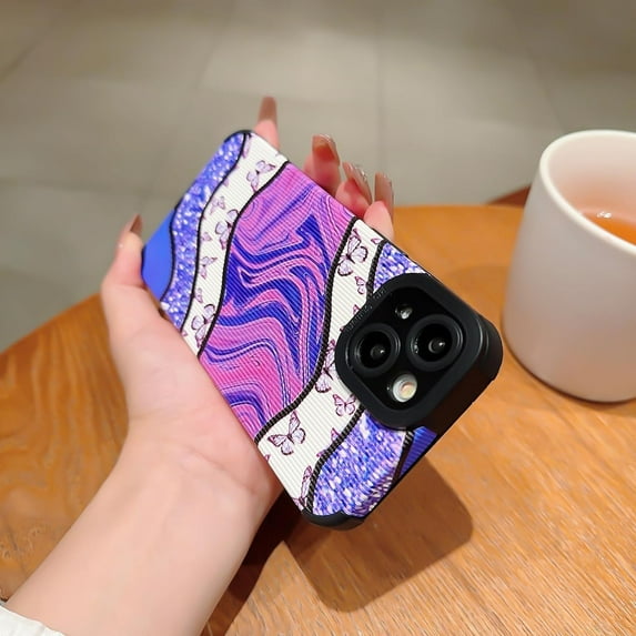 Compatible for iPhone 13 Phone Case,Cute Purple Shiny Butterfly and Leather Splicing Patter,Soft TPU【Full Camera Lens Protective】 Shock Women Protection Cover for iPhone 13