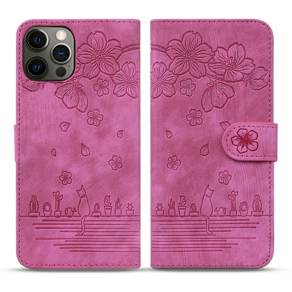 Compatible For iPhone 13 Pro 360 Protection Shockproof Card Flip Wallet Stand Case, Luxury Cute Pattern Embossed PU Leather with Wrist Strap Cover.For iPhone 13 Pro,Rose