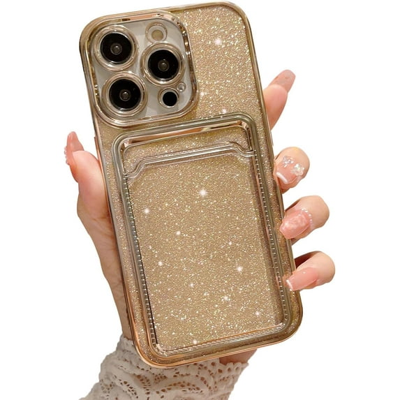 Compatible for iPhone 13 Pro 6.1 Inch Bling Plating Case with Card Slot, Cute Clear Glitter Phone Case for Women Girls Soft TPU Shockproof Back Cover for iPhone 13 Pro Gold