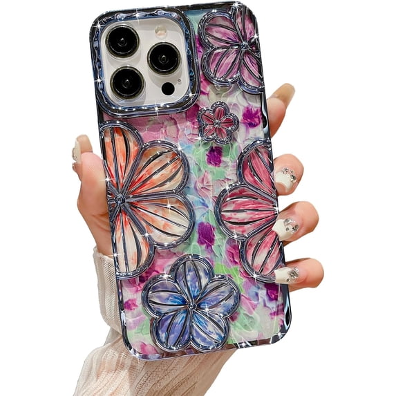 Compatible with iPhone 13 Pro 6.1" Phone Case Plating Bling Colorful Floral 3D Clear Cover Soft TPU Cute Camera Protection Shockproof Back for Women Girls iPhone Case, Blue