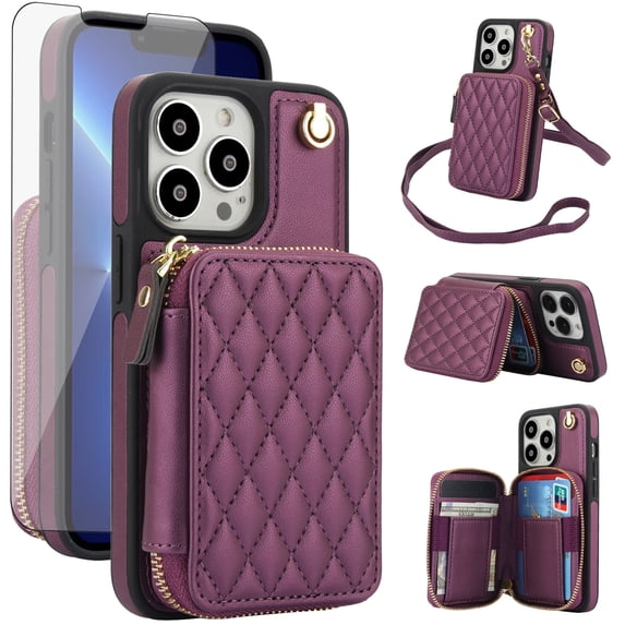 Compatible with iPhone 13 Pro 6.1 inch Wallet Phone Case Tempered Glass Screen Protector Wrist Crossbody Strap Stand Credit Card Holder RFID Slot Cell Cover for iPhone13Pro 5G Women Girls Dark Purple