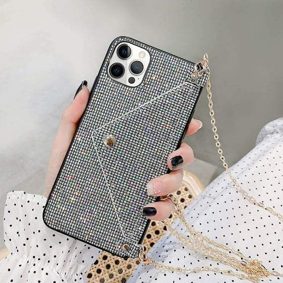 Compatible with iPhone 13 Pro Bling Case for Women, Glitter Diamond Sequins Case Small Credit Card Cash Holder Wallet Case with Shiny Crossbody Chain Hard PC Protective Girly Stand Case Black