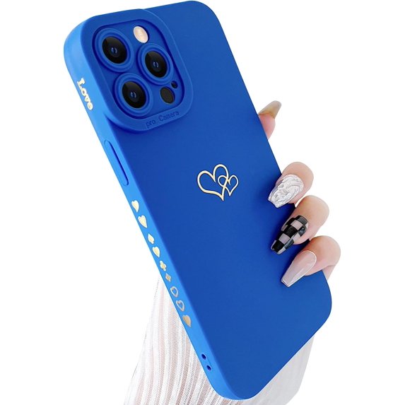 Compatible with iPhone 13 Pro Case (6.1" 2021), Plated Luxury Heart Phone Case Cute Side Pattern Soft TPU Shockproof Full Camera Lens Protective Phone Cases for Women Girls - Klein Blue