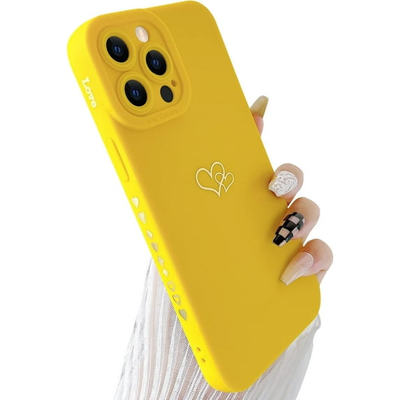 Compatible with iPhone 13 Pro Case (6.1" 2021), Plated Luxury Heart Phone Case Cute Side Pattern Soft TPU Shockproof Full Camera Lens Protective Phone Cases for Women Girls - Yellow