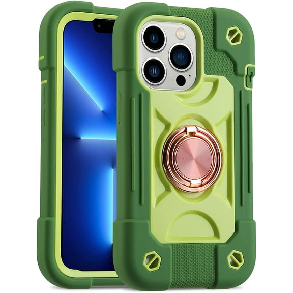 Compatible with iPhone 13 Pro Case 6.1 Inch with Built-in 360°Rotating Ring Stand, Military Grade Drop Protection Full Body Heavy Duty Case 3 in 1 Protective Cover (Avocado)