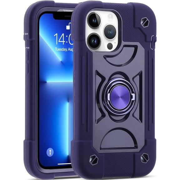 Compatible with iPhone 13 Pro Case 6.1 Inch with Built-in 360°Rotating Ring Stand, Military Grade Drop Protection Full Body Heavy Duty Case 3 in 1 Protective Cover (Deep Purple)