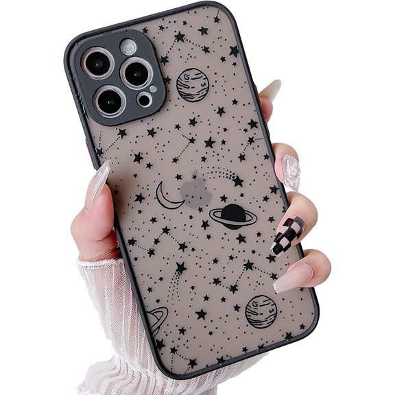 Compatible with iPhone 13 Pro Case, 6.1 Inch, Planet Sky Star Pattern Protective Phone Case Translucent Frosted Hard PC Back Case Silicone Bumper Cover - Black Sky