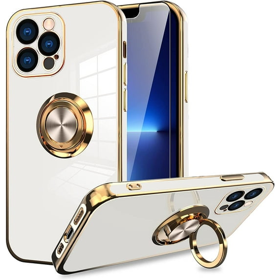 Compatible with iPhone 13 Pro Case 6.1 Inch with Screen Protector Plating Built-in 360 Rotation Magnetic Ring Kickstand Holder Soft Slim Edges Shockproof Bumper Protective Cover (White)