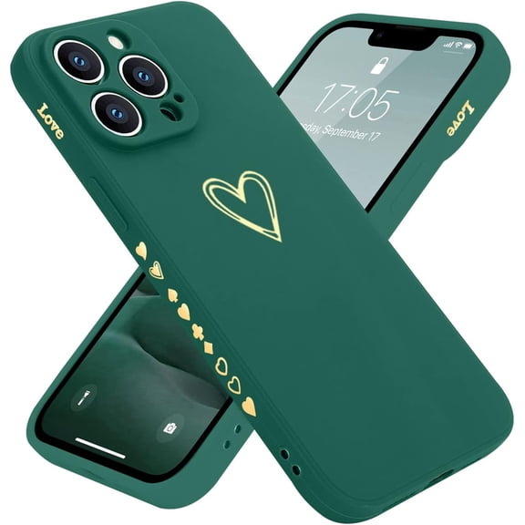 Compatible with iPhone 13 Pro Case 6.1 inch for Women Girls, Cute Luxury Love Heart [Soft Anti-Scratch Full Camera Lens Protective Cover] Silicone Girly Phone Case for iPhone 13 Pro-Dark Green