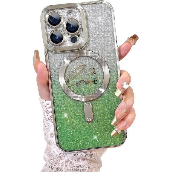 Compatible with iPhone 13 Pro Case,Compatible with MagSafe Love Heart Plating Camera Protection Clear Phone Case, Magnetic Glitter for Women Girls Shockproof Back Bumper 6.1"-Green