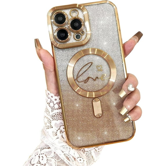 Compatible with iPhone 13 Pro Case,Compatible with MagSafe Love Heart Plating Camera Protection Clear Phone Case, Magnetic Glitter for Women Girls Shockproof Back Bumper 6.1"-Purple