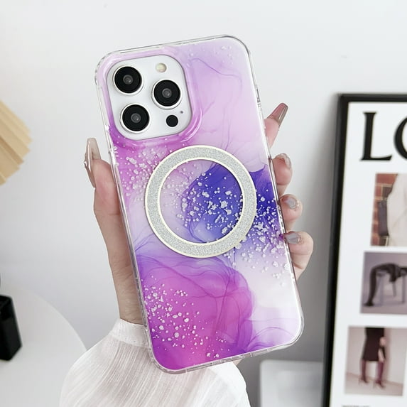Compatible with iPhone 13 Pro Case Compatible with MagSafe, Transparent Marble White Glitter Point Case, Shockproof Protection Phone Case for Women Girls for iPhone 13 Pro - Purple