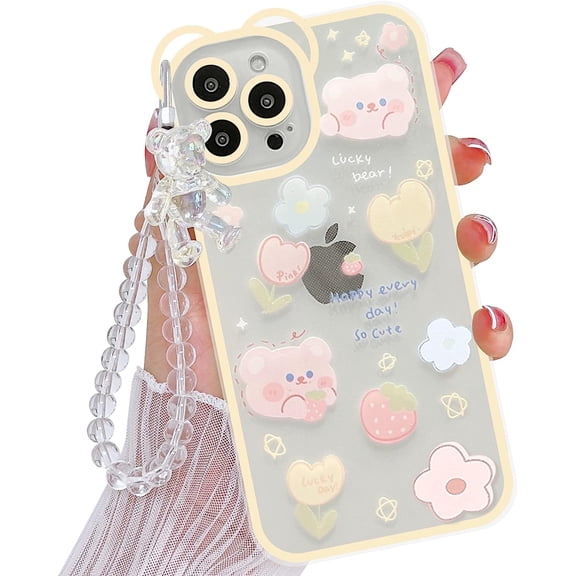 Compatible with iPhone 13 Pro Case Cute Cartoon Floral Bear with Transparent Bear Bracelet Chain Design for Women Girls Kawaii Slim Soft TPU Transparent case for iPhone 13 Pro 6.1 inch-Yellow