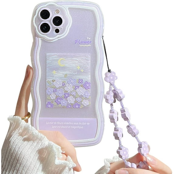 Compatible with iPhone 13 Pro Case with Cute Purple Flower Floral Pattern Design Aesthetic Women Teen Girls Flower Lens Protection Case for iPhone 13 Pro+Chain-Flower