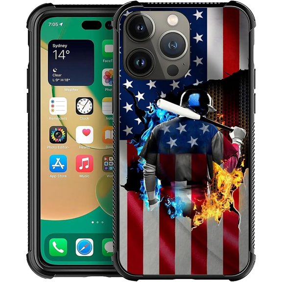 Compatible with iPhone 13 Pro Case,Design Pattern Back Bumper Anti Scratch Reinforced Corners Soft TPU Caver, Cases for Men Women-Ice and Fire Baseball American Flag