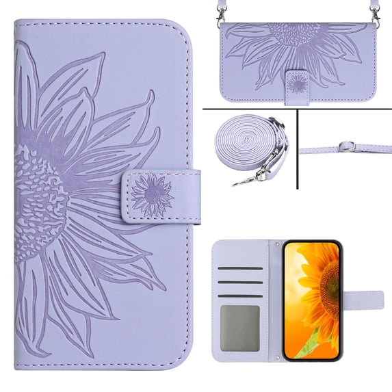 Compatible with iPhone 13 Pro Case, Flower Embossed Wallet PU Leather Case with Card Holder Slots Protective Heavy Duty Folio Cover Crossbody Strap Case Cover for iPhone 13 Pro, Lightpurple