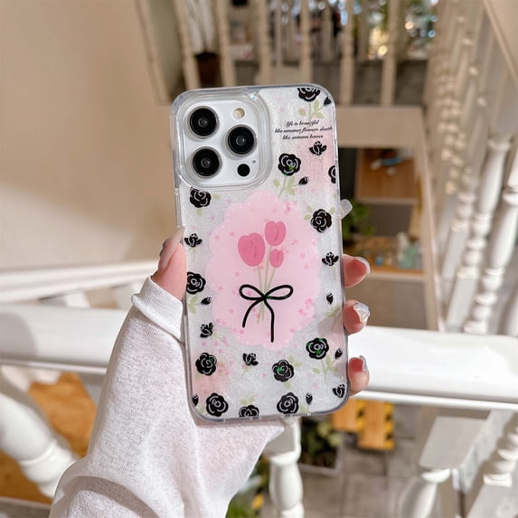 Compatible with iPhone 13 Pro Case Glitter Case with Glue Flower Branch Pattern for Girls Women Slim Cute Hard Back Shockproof Anti-fall Thin Fit Phone Case Cover for iPhone 13 Pro,B