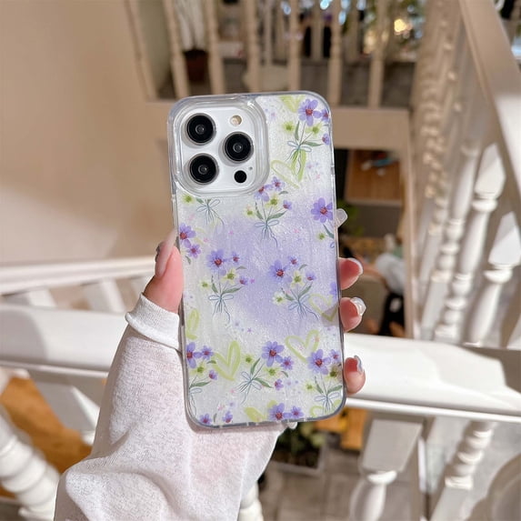 Compatible with iPhone 13 Pro Case Glitter Case with Glue Flower Branch Pattern for Girls Women Slim Cute Hard Back Shockproof Anti-fall Thin Fit Phone Case Cover for iPhone 13 Pro,E