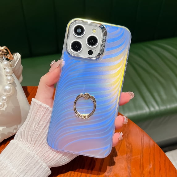 Compatible with iPhone 13 Pro Case, Laser Bling Glitter Iridescent Feather Wave TPU Frosted Plating Ring Kickstand Anti-scratch Phone Case for Girls Women for iPhone 13 Pro - F