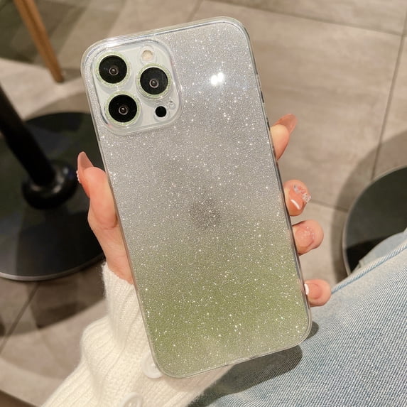 Compatible with iPhone 13 Pro Case, Luxury Sparkly Bling Gradient for Women Girls Soft TPU Frame Glass Glitter Paper Shockproof Anti-Scratch Protective Case Cover for iPhone 13 Pro, Green
