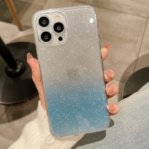 Compatible with iPhone 13 Pro Case, Luxury Sparkly Bling Gradient for Women Girls Soft TPU Frame Glass Glitter Paper Shockproof Anti-Scratch Protective Case Cover for iPhone 13 Pro, Blue