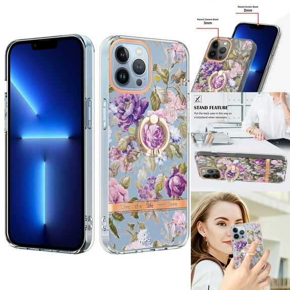 Compatible for iPhone 13 Pro Case with Ring Kickstand Holder Clear Floral Pattern Hybrid PC TPU Shockproof Protective Phone Case Cover for iPhone 13 Pro Women Girls, Flowers