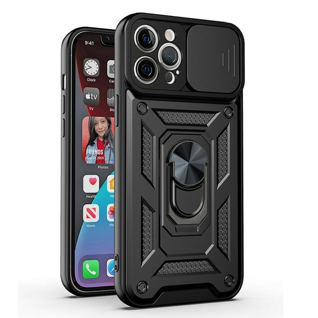 Compatible with iPhone 13 Pro Case with Sliding Camera Lens Cover and Ring Kickstand Heavy Duty Military Grade Protection Phone Shockproof Back Cover for iPhone 13 Pro, Black