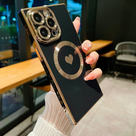 Compatible with iPhone 13 Pro Case, [Support Magsafe] Love Heart Pattern Magnetic Plating Electroplate Luxury Elegant Case Soft TPU Shockproof Corner Back Cover for iPhone 13 Pro - Black
