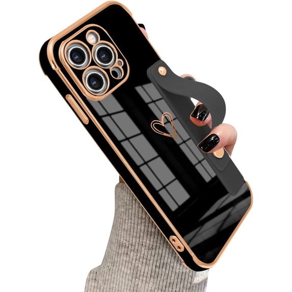Compatible with iPhone 13 Pro Case Thin for Women Girls,Soft TPU Plating Bumper Wristband Holder Bling Phone Case Slim Anti-Scratch Shockproof Love Heart Cute Case Cover(Elegant Black)