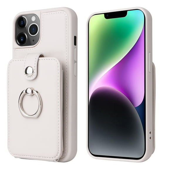 Compatible for iPhone 13 Pro Case Wallet with Accordion Card Holder, Rotation Finger Ring Holder Stand, Elegant PU Leather Protective Secure Button Shockproof Cover for iPhone 13 Pro, White
