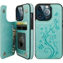 Compatible with iPhone 13 Pro Case Wallet with Card Holder, Embossed Butterfly Pattern PU Leather Double Buttons Flip Shockproof Protective Cover for Magnetic Car Mount 6.1 Inch (Green)