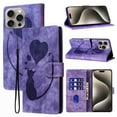 thumbnail image 1 of Compatible with iPhone 13 Pro Case Wallet Case with Kickstand Credit Card Holder Slot,Cute Cat & Love Heart Embossed Cover,Magnetic Closure Wrist Strap Luxury PU Leather Case,Purple, 1 of 10