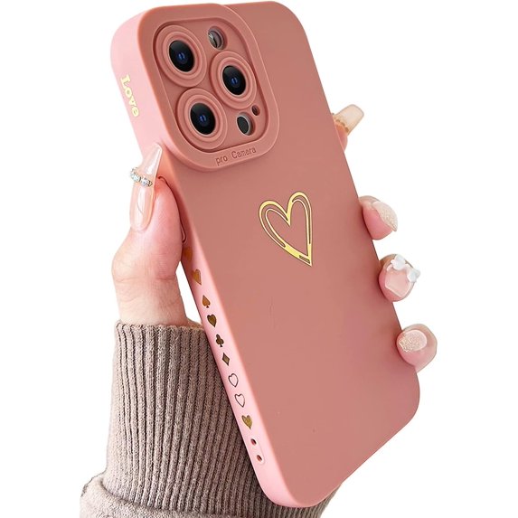 Compatible with iPhone 13 Pro Case for Women, Bronzing Luxury Heart Phone Case Cute Side Pattern Soft TPU Shockproof Full Camera Lens Protective Cover for iPhone 13 Pro 6.1 Inch - Pink