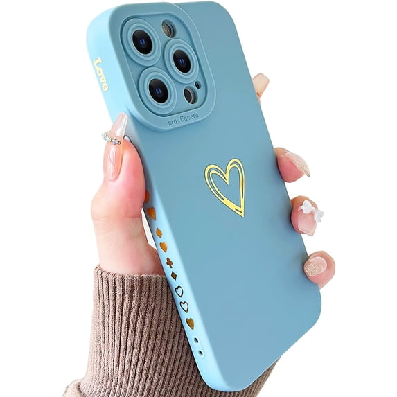 Compatible with iPhone 13 Pro Case for Women, Bronzing Luxury Heart Phone Case Cute Side Pattern Soft TPU Shockproof Full Camera Lens Protective Cover for iPhone 13 Pro 6.1 Inch - Light Blue