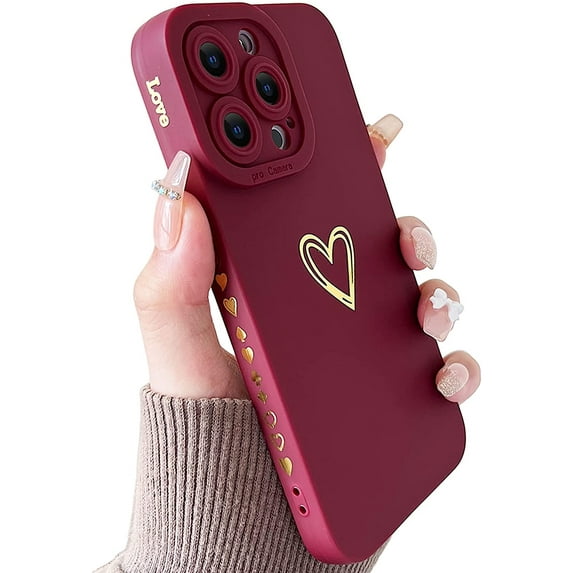 Compatible with iPhone 13 Pro Case for Women, Bronzing Luxury Heart Phone Case Cute Side Pattern Soft TPU Shockproof Full Camera Lens Protective Cover for iPhone 13 Pro 6.1 Inch - Burgundy