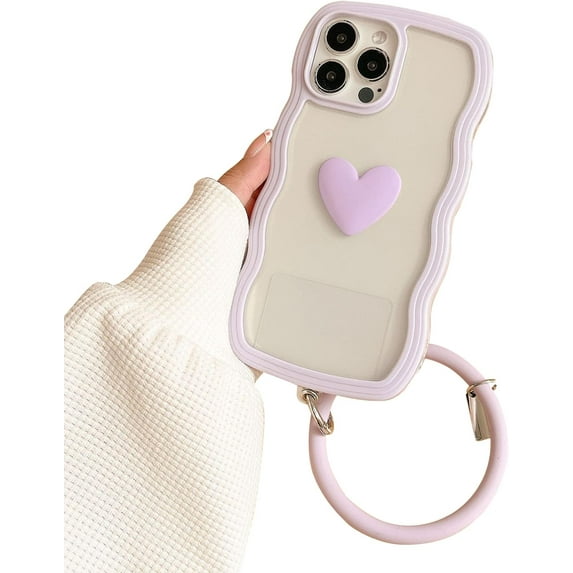 Compatible with iPhone 13 Pro Case for Women/Girls, Cute Curly Wave 3D Love-Heart Anti-Scratch Shockproof Case with Bracelet for iPhone 13 Pro, Purple