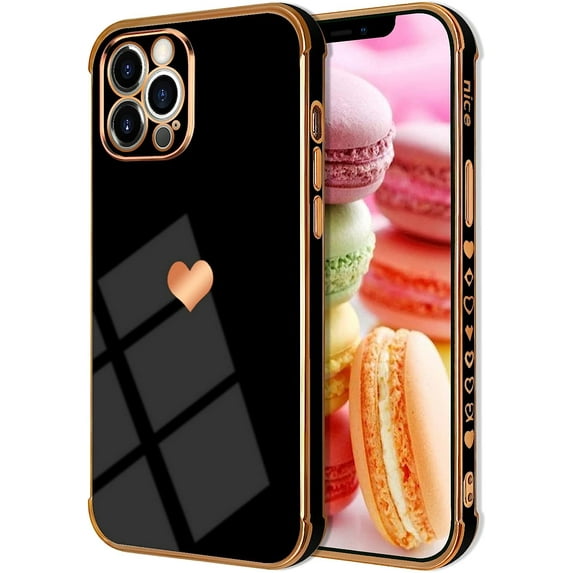 Compatible with iPhone 13 Pro Case for Women Girls, Luxury Gold Electroplate Plating Edge Love Heart Side Back Case with Full Camera Len TPU Cover Girly Slim Sleek Cute Case Black