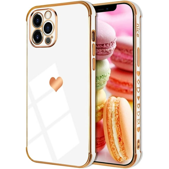 Compatible with iPhone 13 Pro Case for Women Girls, Luxury Gold Electroplate Plating Edge Love Heart Side Back Case with Full Camera Len TPU Cover Girly Slim Sleek Cute Case White