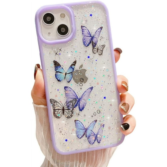 Compatible with iPhone 13 Pro Case for Women Girls,Soft Slim Fit Full-Around Protective Cute Clear Sparkly Bling Star Butterfly Pattern Phone Case Glitter Cover for iPhone 13 Pro(6.1")-Purple