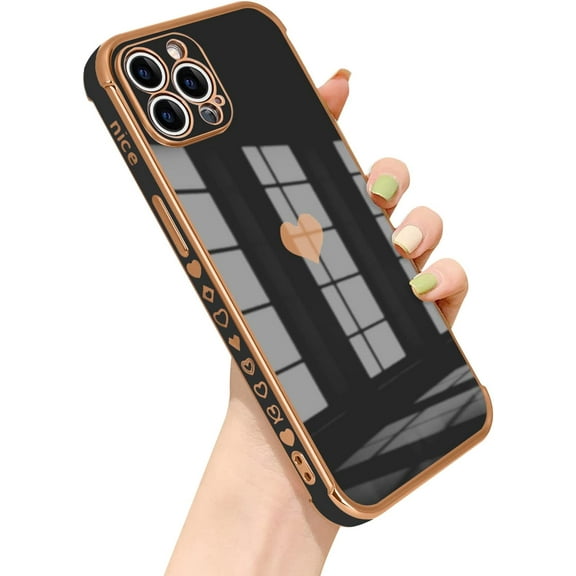 Compatible with iPhone 13 Pro Case for Women Girls,TPU Cute Plating Love Heart Pattern Case Raised Reinforced Corners Camera Lens Protection Side Small Pattern Shockproof Case-Black