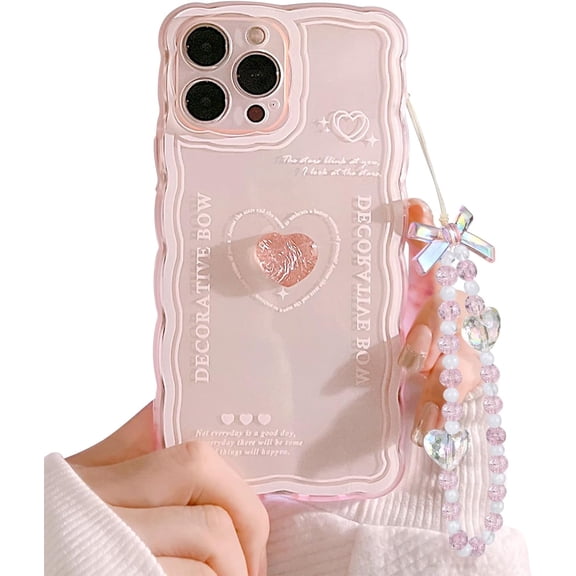 Compatible for iPhone 13 Pro Cute 3D Pink Heart Slim Clear Aesthetic Design Women Teen Girls Camera Lens Protection Phone Cases Cover+Pink Phone Charm