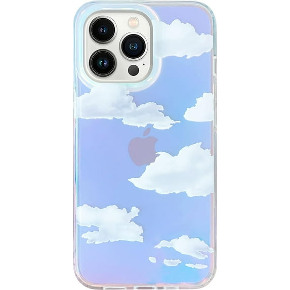 Compatible for iPhone 13 Pro Cute Clear Crystal Holographic Laser White Cloud Sky Pattern Print Design Soft TPU Edges with Hard PC Shockproof Women Girls Protective Aesthetic Phone Cover
