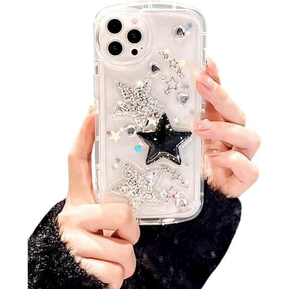 Compatible for iPhone 13 Pro Cute Glitter 3D Stars Crystal Heart Clear with Design Aesthetic Women Teen Girls Pretty Crystal Sparkle Sparkly Cute Cases Protective Cover-Clear