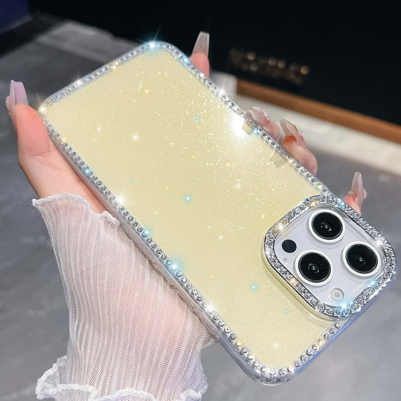 Compatible with iPhone 13 Pro Glitter Phone Case,Cute Luxury Bling Sparkly Crystal Diamond Rhinestones Frame&Camera Ring,Shockproof Anti-fall Rugged Women Girls Slim Phone Case,Light Yellow