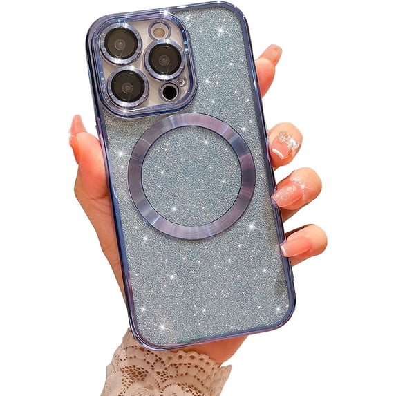 Compatible with iPhone 13 Pro Magnetic Glitter Case, Luxury Plating Cute Bling Clear Phone Case, Compatible with MagSafe for Women Girls with Camera Protector Back Cover - Light Blue