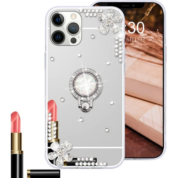 Compatible with iPhone 13 Pro Makeup Mirror Case for Women Girls Luxury Bling Glitter Rhinestone Cover with Shiny Crystal Diamond Ring Stand Holder Finger Grip Cute Girly CasesSilver